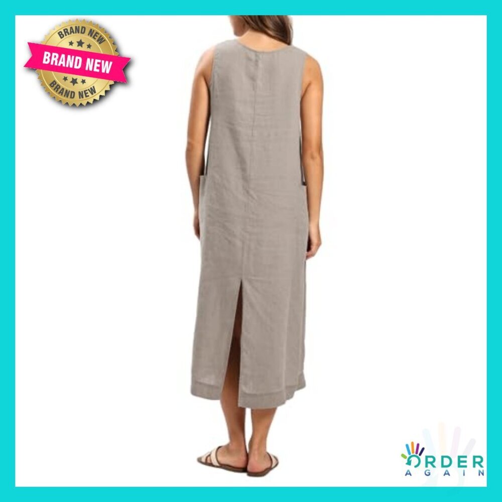 Linen Sleeveless V-Neck Midi Dress with Slit Casual Chic Relaxed Fit - Picture 2 of 7